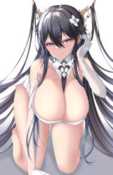 Rule 34 | 1girl, absurdres, all fours, antlers, azur lane, bare shoulders, between breasts, black hair, blush, breasts, cleavage, closed mouth, detached collar, dress, flower, gloves, green eyes, hair between eyes, hair flower, hair ornament, half gloves, highres, horns, huge breasts, indomitable (azur lane), long hair, looking at viewer, necktie, necktie between breasts, no shoes, playing with own hair, smile, solo, very long hair, ville87804, white dress, white gloves