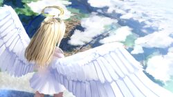 1girl absurdres angel blonde_hair cloud cloudy_sky dress feathered_wings from_above from_behind halo highres long_hair original sky skyline white_dress wings yamaharu_(xxzf7284)