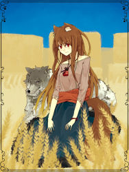 Rule 34 | 00s, 1girl, animal ears, bare shoulders, bracelet, brown hair, holo, hrd, jewelry, long hair, necklace, red eyes, sash, skirt, smile, spice and wolf, tail, wolf, wolf ears, wolf tail