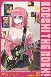 Rule 34 | 1girl, absurdres, amplifier, bikini, blue eyes, bocchi the rock!, breasts, copyright name, electric guitar, gotoh hitori, guitar, highres, holding, holding instrument, instrument, jacket, large breasts, mr tangsuyuk, off shoulder, open clothes, open jacket, pink hair, pink jacket, pleated skirt, poster (medium), poster (object), skirt, solo, strap, swimsuit, track jacket, white bikini