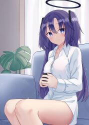 1girl akaya_(pixiv20545353) blue_archive blush breasts closed_mouth commentary_request couch cup curtains feet_out_of_frame halo highres holding holding_cup indoors long_hair looking_at_viewer medium_breasts mug naked_shirt on_couch parted_bangs purple_eyes purple_hair shirt sitting smile solo steam two_side_up very_long_hair yuuka_(blue_archive)