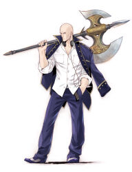Rule 34 | 1boy, axe, bald, battle axe, blue pants, character request, copyright request, full body, hand in pocket, headphones, headphones around neck, hitaki (tempo), holding, holding axe, holding weapon, jacket, male focus, over shoulder, pants, shirt, shoes, simple background, solo, standing, tachi-e, weapon, weapon over shoulder, white background, white shirt