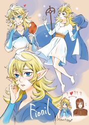 Rule 34 | 1boy, 1girl, arm guards, armor, arrow (symbol), aya (guriko77), barefoot, blonde hair, blue cloak, blue eyes, bridal gauntlets, character name, cheek bulge, chicken (food), cloak, closed mouth, dated, doni (dungeon meshi), dress, dungeon meshi, eating, fionil (dungeon meshi), floating, food, food bite, food on face, food wrapper, hand up, hands on own cheeks, hands on own face, hands up, heart, helm, helmet, holding, holding clothes, holding food, hood, hooded cloak, long hair, looking ahead, looking at viewer, multiple views, pauldrons, sash, see-through, shoulder armor, staff, unworn cloak, w arms, white dress
