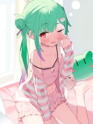 Rule 34 | 1girl, aqua hair, backlighting, bare legs, barefoot, blush, breasts, camisole, cat hair ornament, cleavage, commentary request, double bun, hair bun, hair ornament, highres, hololive, indoors, long hair, looking at viewer, one eye closed, open mouth, pajamas, red eyes, rubbing eyes, shorts, sitting, small breasts, solo, spaghetti strap, strap slip, stuffed animal, stuffed toy, sunlight, under covers, uruha rushia, virtual youtuber, waking up, wariza, wavy mouth, window, yawning, yoru no yayoi