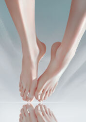 Rule 34 | 1girl, absurdres, barefoot, close-up, feet, feet only, foot focus, greek toe, highres, kongtoulaotou, legs, original, out of frame, realistic, reflection, simple background, solo, toenails, toes, white background