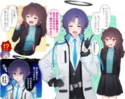 Rule 34 | !?, 1boy, 1girl, blue archive, closed eyes, female sensei (blue archive), genderswap, genderswap (ftm), halo, hand on own hip, index finger raised, jacket, mechanical halo, necktie, open clothes, open jacket, school uniform, sensei (blue archive), senta (ysk 0218), shaded face, shirt, short hair, speech bubble, sweat, translation request, white shirt, yuuka (blue archive)