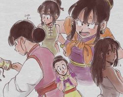 Rule 34 | 1girl, 2020, aged down, anger vein, angry, arms at sides, bare arms, black hair, blunt bangs, bracelet, breasts, chi-chi (dragon ball), chi (cmon 57), china dress, chinese clothes, cropped torso, dragon ball, dragonball z, dress, earrings, eyelashes, facing away, fingernails, floral print, furrowed brow, green dress, grey background, hair bun, hair down, hair ornament, hair slicked back, hair strand, hand up, hands on own hips, hands on own cheeks, hands on own chest, hands on own face, highres, jewelry, light blush, long hair, long sleeves, looking back, medium breasts, multiple views, muted color, naked towel, neckerchief, obi, orange neckerchief, parted lips, pink dress, profile, purple dress, purple neckerchief, rattle, red sash, sash, shy, side slit, sidelocks, simple background, single hair bun, sleeveless, sleeveless dress, smile, tassel, tassel hair ornament, towel, upper body, v-shaped eyebrows, yellow dress