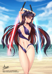 Rule 34 | 1girl, adsouto, armpits, arms behind head, arms up, artist name, bare legs, beach, black hair, black ribbon, blue eyes, blue sky, blush, breasts, casual one-piece swimsuit, closed mouth, cloud, collarbone, day, dual wielding, fate/grand order, fate (series), feet out of frame, glowing, glowing sword, glowing weapon, groin, hair ribbon, highres, holding, holding sword, holding weapon, horizon, ishtar (fate), looking at viewer, medium breasts, navel, ocean, one-piece swimsuit, outdoors, parted bangs, purple one-piece swimsuit, red hair, ribbon, sky, solo, space ishtar (fate), standing, stomach, swimsuit, sword, two side up, v-shaped eyebrows, water, watermark, weapon, web address
