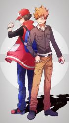 Rule 34 | 2boys, back-to-back, badge, baseball cap, belt, belt buckle, blue oak, blue pants, brown hair, brown pants, buckle, coat, commentary request, creatures (company), game freak, hand on own hip, hand up, hat, highres, holding, holding poke ball, jacket, long sleeves, looking back, male focus, multiple boys, nintendo, pants, poke ball, poke ball (basic), pokemon, pokemon hgss, pokemon masters ex, red (pokemon), red (sygna suit) (pokemon), red coat, shoes, yuuki (yuuk yume)