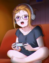 Rule 34 | 1girl, bespectacled, black shirt, chromatic aberration, collarbone, commentary, controller, couch, english commentary, game controller, glasses, hair pulled back, headphones, indian style, jan azure, love live!, love live! superstar!!, open mouth, orange hair, playstation controller, purple eyes, shibuya kanon, shirt, sitting, solo, t-shirt, v-shaped eyebrows