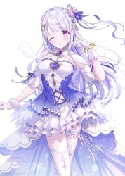Rule 34 | 1girl, absurdres, blush, breasts, bridal garter, collar, dress, flower, frilled collar, frilled dress, frills, gloves, hair flower, hair ornament, hair ribbon, highres, kappe reeka, large breasts, light purple hair, long hair, purple eyes, purple flower, purple ribbon, ribbon, simple background, smile, solo, thighhighs, virtual youtuber, white background, white collar, white garter, white gloves, white ribbon, white thighhighs