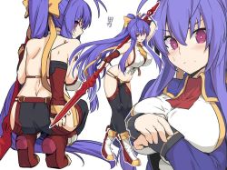 Rule 34 | 1girl, antenna hair, ass, bare shoulders, blazblue, blue hair, bow, breasts, butt crack, commentary request, duplicate, full body, hair between eyes, hair bow, halterneck, holding, holding polearm, holding spear, holding weapon, large breasts, long hair, mai natsume, multiple views, orange bow, polearm, ponytail, red eyes, revealing clothes, shiseki hirame, simple background, spear, very long hair, weapon, white background