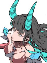 Rule 34 | 1girl, absurdres, black hair, blue horns, body markings, character request, collarbone, copyright request, enami katsumi, highres, horns, lips, long hair, makeup, multicolored hair, no nipples, solo, spikes, two-tone hair, yellow eyes