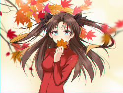 Rule 34 | 1girl, absurdres, aqua eyes, autumn leaves, black bow, bow, breasts, brown hair, fate/stay night, fate (series), floating hair, hair bow, highres, leaf, long hair, long sleeves, looking at viewer, maple leaf, medium breasts, qingchen (694757286), red shirt, shirt, solo, tohsaka rin, twintails, two side up, upper body, very long hair, white background