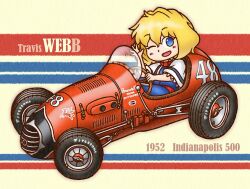 Rule 34 | 1girl, alice margatroid, blonde hair, blue dress, blue eyes, blush, bow, bowtie, capelet, car, chibi, commentary, cookie (touhou), dress, driving, full body, hair between eyes, indycar series, looking at viewer, medium bangs, mgrm ysnr, motor vehicle, name connection, one eye closed, open mouth, red bow, red bowtie, red sash, sash, short hair, sitting, smile, solo, steering wheel, touhou, waving, web (cookie), white capelet