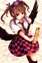 Rule 34 | 1girl, akaiha (akaihagusk), bad id, bad pixiv id, black thighhighs, black wings, brown hair, camera phone, cellphone, checkered clothes, checkered skirt, hat, highres, himekaidou hatate, necktie, phone, pointy ears, pouch, puffy short sleeves, puffy sleeves, red eyes, shirt, short sleeves, skirt, solo, thighhighs, tokin hat, touhou, white shirt, wings
