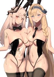 Rule 34 | 2girls, 360 (taiyo360), :o, absurdres, alternate costume, animal ears, arknights, arm around waist, asymmetrical docking, bare shoulders, black bow, black bowtie, black hairband, black necktie, black thighhighs, blonde hair, blue eyes, blue hairband, blush, bow, bowtie, braid, breast press, breasts, cleavage, collarbone, covered navel, cowboy shot, detached collar, dragon horns, fake animal ears, groin, hairband, half-closed eyes, highres, horns, large breasts, leotard, long hair, material growth, meme attire, mudrock (arknights), multiple girls, navel, necktie, oripathy lesion (arknights), parted lips, playboy bunny, pointy ears, rabbit ears, red eyes, saileach (arknights), see-through, side-tie leotard, side braid, simple background, strapless, strapless leotard, sweat, swept bangs, thighhighs, traditional bowtie, translucent bunnysuit, very long hair, white background