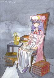 Rule 34 | 1girl, absurdres, book, book stack, calligraphy brush (medium), capelet, chair, crescent, crescent hair ornament, dated, double bun, dress, graphite (medium), hair bun, hair ornament, hair ribbon, hat, highres, lantern, light purple hair, long hair, looking at viewer, mob cap, open book, painting (medium), patchouli knowledge, red eyes, ribbon, robe, sidelocks, sitting, smile, solo, stg8192, striped clothes, striped dress, table, touhou, traditional media, tress ribbon, twitter username, watercolor (medium)