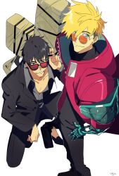 Rule 34 | 2boys, black eyes, black hair, black suit, blonde hair, blue eyes, cigarette, closed mouth, coat, cross, earrings, formal, highres, holding, holding weapon, jewelry, looking at viewer, male focus, multiple boys, nicholas d. wolfwood, open clothes, open coat, parted lips, pirohi (pirohi214), red coat, short hair, signature, simple background, smile, suit, sunglasses, trigun, trigun stampede, vash the stampede, weapon, white background