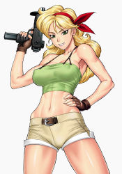 Rule 34 | 1girl, abs, bang-you, bare shoulders, blonde hair, bow, breasts, cameltoe, covered erect nipples, dragon ball, female focus, fingerless gloves, gloves, green eyes, grin, gun, hair bow, hand on own hip, hip focus, holding, holding gun, holding weapon, large breasts, long hair, lunch (bad) (dragon ball), lunch (dragon ball), machine pistol, midriff, muscular, navel, no bra, shiny skin, short shorts, shorts, simple background, smile, solo, submachine gun, trigger discipline, uzi, weapon