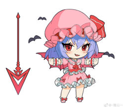 Rule 34 | 1girl, a562209790, ascot, bat (animal), bat wings, brooch, chibi, chinese commentary, commentary request, fang, frilled shirt, frilled shirt collar, frilled skirt, frilled sleeves, frills, full body, hair between eyes, hat, hat ribbon, highres, jewelry, looking at viewer, mob cap, open mouth, pink footwear, pink hat, pink shirt, pink skirt, pink wings, puffy short sleeves, puffy sleeves, purple hair, red ascot, red brooch, red eyes, red ribbon, remilia scarlet, ribbon, shirt, short hair, short sleeves, simple background, skin fang, skirt, skirt set, socks, solo, spear the gungnir, touhou, weibo logo, white background, white socks, wings, wrist cuffs