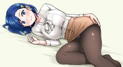 Rule 34 | 1girl, blouse, blue eyes, blue hair, blush, breasts, brown pantyhose, character request, commentary request, earrings, facing viewer, hair ornament, hairclip, highres, ira megumi, jewelry, kawaii joushi o komarasetai, large breasts, looking at viewer, lying, miniskirt, no shoes, on side, panties, pantyhose, pantyshot, pas (paxiti), shirt, short hair, skirt, solo, underwear