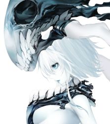 Rule 34 | 10s, 1girl, abyssal ship, bad id, bad twitter id, bare shoulders, blue eyes, blue lips, breasts, collar, hair between eyes, helmet, kantai collection, kodama (wa-ka-me), large breasts, monster, pale skin, parted lips, profile, short hair, sideboob, silver hair, simple background, solo, teeth, white background, wo-class aircraft carrier