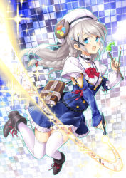 Rule 34 | 1girl, :d, a.i. chainer, beret, black footwear, blue eyes, blue shirt, blue skirt, boots, braid, breasts, grey hair, hair ornament, hat, hat ornament, holding, holding paintbrush, holding stylus, long sleeves, mascot, open mouth, paintbrush, paintschainer (software), palette hat ornament, plaid, plaid background, puffy short sleeves, puffy sleeves, shirt, short sleeves, skirt, skirt set, small breasts, smile, solo, sparkle, stylus, thighhighs, tyone, white hat, white shirt, white thighhighs