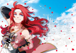 Rule 34 | 00s, 1boy, bad id, bad pixiv id, belt, bird, blue eyes, cloud, day, detached sleeves, gem, gotou (pixiv37128), hand on own hip, headband, hip focus, long hair, male focus, outdoors, petals, red hair, rose petals, sky, smile, solo, tales of (series), tales of symphonia, zelos wilder