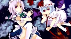 Rule 34 | 2girls, bad id, bad pixiv id, between fingers, blue hair, female focus, hat, holding, izayoi sakuya, knife, maid, multiple girls, n-mix, remilia scarlet, ribbon, short hair, thighhighs, throwing knife, touhou, weapon, wings
