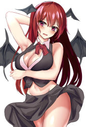Rule 34 | 1girl, arm behind head, arm up, bare shoulders, black skirt, blush, breast hold, breasts, cleavage, cleavage cutout, clothing cutout, commentary request, demon wings, head tilt, head wings, kaeranu kaeru, koakuma, large breasts, long hair, looking at viewer, midriff, navel, open mouth, red eyes, red hair, red neckwear, shirt, simple background, skirt, sleeveless, sleeveless shirt, solo, touhou, white background, wings