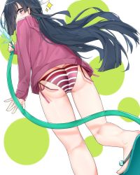Rule 34 | 10s, 1girl, arm at side, ass, back, bad id, bad pixiv id, bare legs, bikini, bikini bottom only, bikini under clothes, black hair, blush, butt crack, circle, covered mouth, flat ass, flip-flops, from behind, from below, hair over one eye, hair ribbon, hayashimo (kancolle), holding, hood, hood down, hooded jacket, hose, jacket, jacket over swimsuit, kantai collection, kneepits, long hair, long sleeves, long toenails, looking at viewer, low ponytail, no pants, one eye covered, open m/, orb, red bikini, red jacket, ribbon, sandals, sharp toenails, side-tie bikini bottom, solo, sparkle, striped bikini, striped clothes, suzuharu toufu, swimsuit, swimsuit under clothes, toenails, transparent, very long hair, water, white background