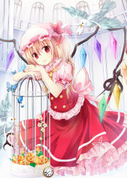 Rule 34 | 1girl, ascot, bird, birdcage, blonde hair, bug, butterfly, cage, card, clock, flandre scarlet, flower, gyaza, hat, hat ribbon, bug, looking at viewer, mob cap, puffy sleeves, red eyes, ribbon, rose, shirt, short sleeves, side ponytail, skirt, skirt set, solo, touhou, vest, wings, yellow rose