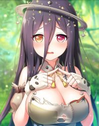 Rule 34 | 1girl, bare shoulders, black hair, blurry, blurry background, blush, breasts, cleavage, collar, detached sleeves, fingers together, forest, game cg, hair between eyes, halo, hands over breasts, heterochromia, large breasts, long hair, looking at viewer, moon (ornament), nature, open mouth, orb, pangu (phantom of the kill), phantom of the kill, red eyes, solo, sun symbol, torn clothes, upper body, yellow eyes, yin yang, yin yang orb