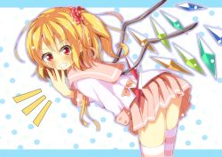 Rule 34 | alternate costume, asymmetrical hair, bent over, blonde hair, flandre scarlet, grin, long sleeves, looking at viewer, pleated skirt, red eyes, school uniform, scrunchie, serafuku, shirt, side ponytail, skirt, smile, solo, striped clothes, striped thighhighs, thighhighs, touhou, wings, yuimari, zettai ryouiki