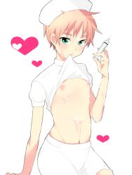 Rule 34 | 1boy, arm behind back, arm support, arm up, axis powers hetalia, blush, closed mouth, clothes in mouth, clothes lift, commentary request, cowboy shot, eiki kisa, green eyes, heart, holding, holding syringe, kefir, looking at viewer, male focus, mouth hold, navel, nipples, nurse, orange hair, puffy nipples, puffy short sleeves, puffy sleeves, shiny skin, shirt, shirt in mouth, shirt lift, short hair, short sleeves, shorts, simple background, sitting, solo, suggestive fluid, syringe, thick eyebrows, united kingdom (hetalia), white background, white shirt, white shorts