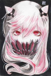 Rule 34 | 10s, 1girl, abyssal ship, black background, border, covered mouth, expressionless, eyelashes, highres, horns, kantai collection, long hair, looking at viewer, midway princess, mixed media, painting (medium), red eyes, signature, simple background, solo, tesun (g noh), traditional media, upper body, watercolor (medium), white hair