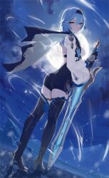Rule 34 | 1girl, ass, black gloves, blue hair, boots, breasts, eula (genshin impact), genshin impact, gloves, hairband, high heel boots, high heels, highres, holding, holding sword, holding weapon, impossible clothes, lace-trimmed hairband, lace trim, lempika, light blue hair, looking at viewer, medium breasts, medium hair, solo, sword, thigh boots, weapon