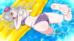 Rule 34 | 1girl, absurdres, ass, back, barefoot, bikini, blue eyes, breasts, character request, commission, feet, flower, grey hair, hair flower, hair ornament, hashiguchi takashi, highres, indie virtual youtuber, inflatable raft, long hair, looking at viewer, looking back, purple bikini, skeb commission, small breasts, soles, solo, swimming, swimsuit, toes, water