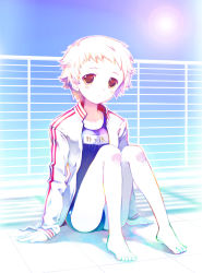 Rule 34 | 1girl, albino, bad id, bad pixiv id, barefoot, feet, highres, jacket, jacket over swimsuit, lens flare, luine, name tag, one-piece swimsuit, open clothes, open jacket, open shirt, orange eyes, original, rainbow gradient, red eyes, school swimsuit, shirt, short hair, sitting, solo, sun, swimsuit, swimsuit under clothes, takeda mika, white hair