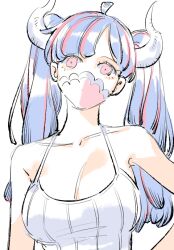 Rule 34 | 1girl, ahoge, alternate costume, alternate hairstyle, blue hair, breasts, camisole, cleavage, covered mouth, curled horns, dinosaur girl, horns, large breasts, long hair, mask, mouth mask, multicolored hair, one piece, pink eyes, pink hair, pink mask, raine (acke2445), solo, streaked hair, twintails, ulti (one piece), white camisole