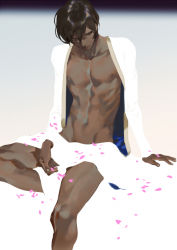 Rule 34 | 1boy, arjuna (fate), arm support, bare legs, bare pectorals, bishounen, black hair, cherry blossoms, closed mouth, collarbone, commentary request, dark-skinned male, dark skin, expressionless, fate/grand order, fate (series), feet out of frame, hair between eyes, leg up, long sleeves, looking away, looking down, male focus, male pubic hair, navel, open clothes, parted bangs, pectorals, petals, pubic hair, pubic hair peek, rei (sanbonzakura), solo, toned, toned male, wavy hair