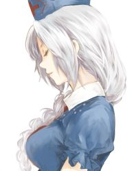 Rule 34 | 1girl, braid, breasts, closed eyes, dress, hair over shoulder, hat, lips, long hair, nurse cap, parted lips, portrait, profile, puffy sleeves, short sleeves, silver hair, simple background, single braid, smile, solo, tohya, touhou, touya (tottoo-to), white background, yagokoro eirin