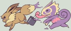 Rule 34 | alternate color, alternate shiny pokemon, commentary, creature, creatures (company), eevee, game freak, gen 1 pokemon, gen 3 pokemon, glitchedpuppet, grey background, kecleon, nintendo, no humans, paint, pokemon, pokemon (creature), purple kecleon, running, simple background