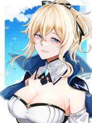 Rule 34 | 1girl, absurdres, black bow, blonde hair, blue capelet, blue eyes, blue sky, border, bow, breasts, capelet, cleavage, closed mouth, cloud, collared cape, dandelion seed, dated, detached collar, detached sleeves, genshin impact, hair between eyes, hair bow, highres, jean (genshin impact), large breasts, looking at viewer, non lv01, outside border, ponytail, shirt, signature, sky, sleeveless, sleeveless shirt, smile, solo, upper body, white border, white shirt, white sleeves