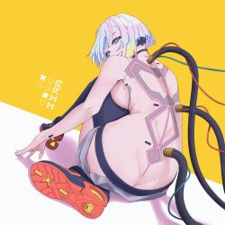 Rule 34 | 1girl, absurdres, blue eyes, breast press, cyberpunk (series), cyberpunk edgerunners, cyborg, from behind, grin, grmm, highres, lucy (cyberpunk), shoes, short hair, shorts, sitting, smile, sneakers, solo, topless, white hair
