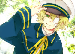 Rule 34 | 1boy, bandages, bandage over one eye, blonde hair, eyepatch, green eyes, hat, hikage sumihito, kokehito, male focus, oliver (vocaloid), one eye covered, sailor, sailor hat, short hair, smile, solo, tree, vocaloid