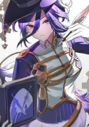 Rule 34 | 1girl, absurdres, book, clorinde (game master) (genshin impact), clorinde (genshin impact), feathers, genshin impact, hair between eyes, hat, highres, holding, holding feather, jacket, official alternate costume, purple eyes, purple hair, purple hat, purple jacket, quill, shirt, simple background, smtoau, solo, upper body, white background, white shirt