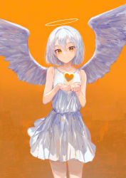 Rule 34 | 1girl, absurdres, angel wings, bare arms, bare shoulders, brown eyes, closed mouth, collarbone, commentary, dress, english commentary, feathered wings, hair between eyes, halo, hands up, heart, highres, ichika (ichika87), looking at viewer, orange background, original, short hair, sleeveless, sleeveless dress, smile, solo, standing, white dress, white hair, white wings, wings