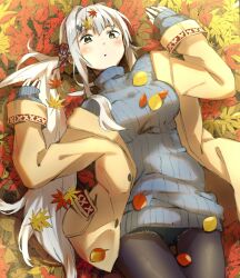 Rule 34 | 1girl, :o, autumn leaves, black pantyhose, blue shorts, blush, breasts, coat, commentary request, cowboy shot, flower, ganmodoki (ganmo illust), grey hair, grey sweater, hair flower, hair intakes, hair ornament, highres, large breasts, leaf, leaf pile, long hair, looking at viewer, low side ponytail, lying, mahjong soul, maple leaf, on back, open clothes, open coat, open mouth, pantyhose, ribbed sweater, short shorts, shorts, sleeves past wrists, solo, sweater, very long hair, yagi yui, yellow coat, yellow eyes